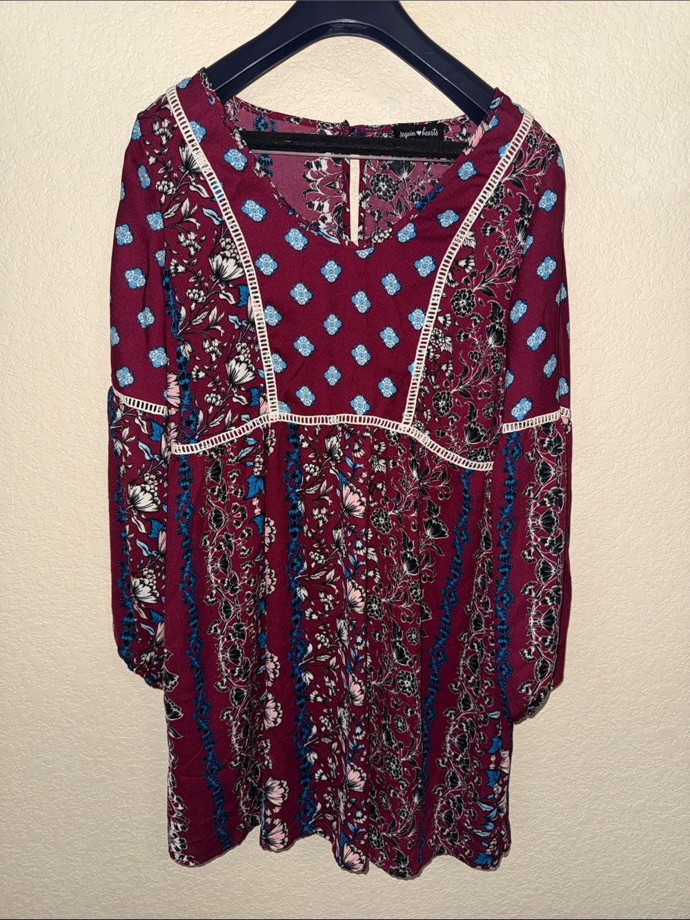 Sequin Hearts Burgundy Boho Floral Peasant Dress Size Medium